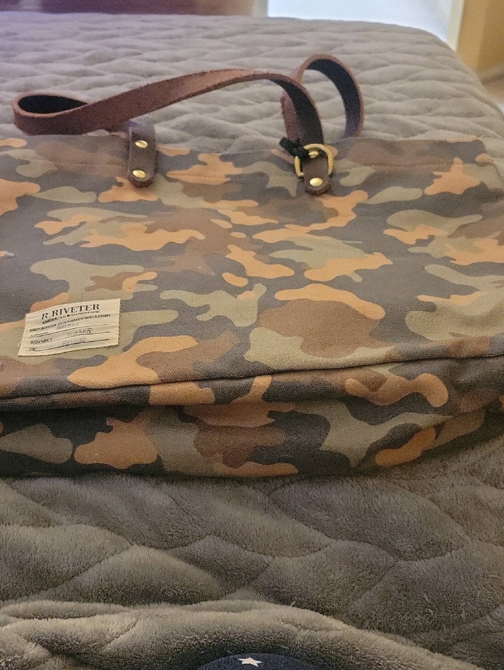 Womens Camouflage Canvas Tote Bag with Brown Leather Straps
